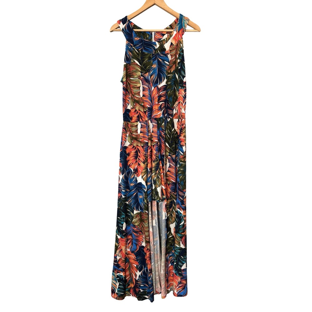 Ashley Stewart Tropical Leaf High-Low‎ Maxi Dress Size 14/16 Peacoat Multi New